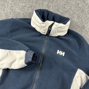 Helly Hansen Fleece Jacket Men M Navy Blue Full Zip Packable Hood Outdoor Coat